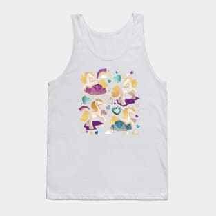 Kicking off some magic // print // navy blue background white and grey unicorns violet blue and aqua hearts clouds and rainbows golden lines Tank Top